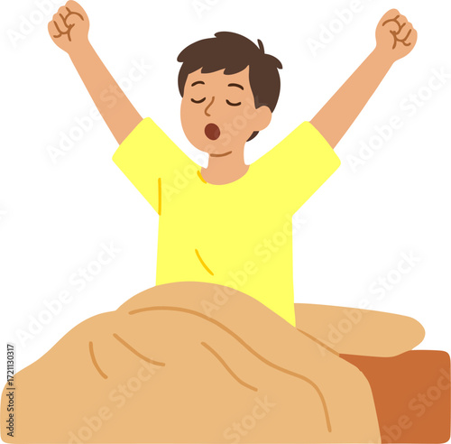 Young Man Waking Up at Morning in Good Mood. Awaken Happy Male Character Stretching Body Sitting on his Bed after Getting Up in Bedroom. Human Everyday Routine, Lifestyle. Cartoon Vector Illustration