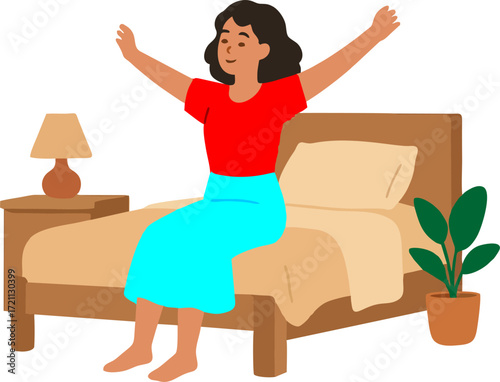  woman Waking Up at Morning in Good Mood. Awaken Happy female Character Stretching Body Sitting on his Bed after Getting Up in Bedroom. Human Everyday Routine, Lifestyle. Cartoon Vector Illustration