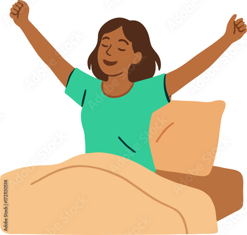  woman Waking Up at Morning in Good Mood. Awaken Happy female Character Stretching Body Sitting on his Bed after Getting Up in Bedroom. Human Everyday Routine, Lifestyle. Cartoon Vector Illustration