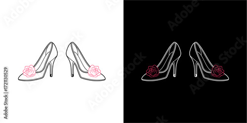 Elegant high-heeled shoes adorned with delicate floral embellishments, presented in contrasting light and dark backgrounds.