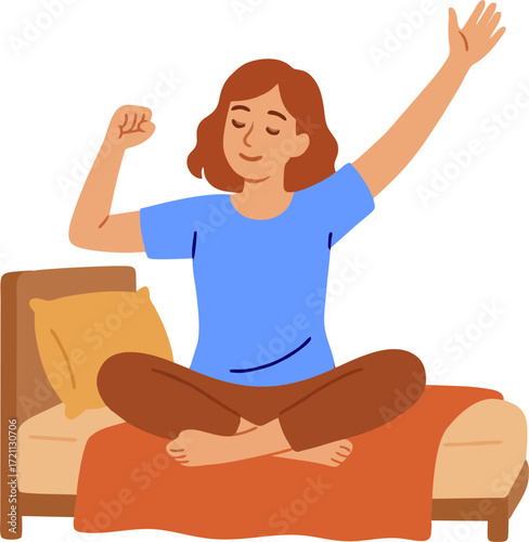  woman Waking Up at Morning in Good Mood. Awaken Happy female Character Stretching Body Sitting on his Bed after Getting Up in Bedroom. Human Everyday Routine, Lifestyle. Cartoon Vector Illustration