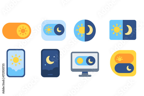 Day and night flat icon set. sun, moon, weather symbols collection.