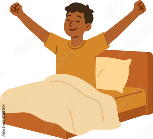 Young Man Waking Up at Morning in Good Mood. Awaken Happy Male Character Stretching Body Sitting on his Bed after Getting Up in Bedroom. Human Everyday Routine, Lifestyle. Cartoon Vector Illustration
