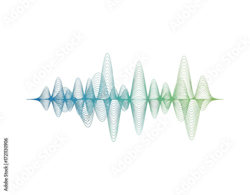 Abstract sound wave visualization with a gradient of blue to green, representing audio signal frequencies on a white background