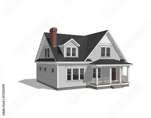 Architectural Rendering of a Modern House with a Porch, Dormers, and a Chimney, Displayed in a Clean, White Aesthetic