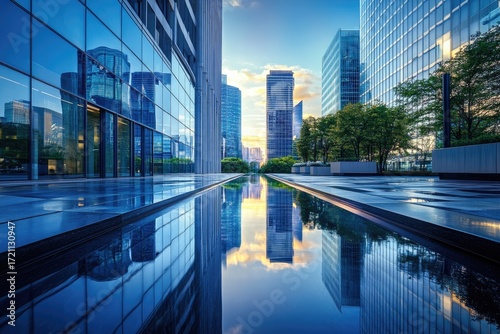 Modern city skyline reflected in a tranquil pool