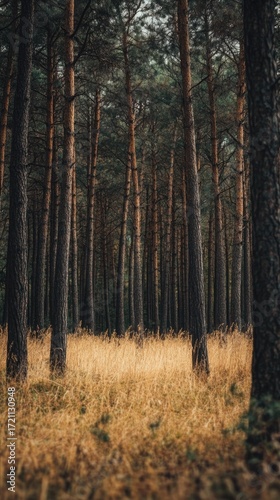 Tall, dark pine trees stand in a field of golden grass