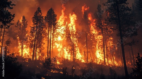 Fiery inferno consuming a pine forest at night (1)