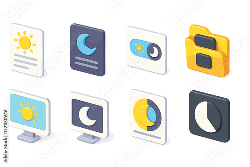 Weather, time isometric icon set. sun, moon, folder isometric icon collection