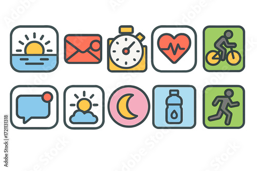 Fitness, health flat icon set. exercise, wellness, heart rate icons in flat style