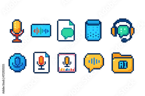 Podcast, music, communication pixel icon set. retro, media, microphone icons collection
