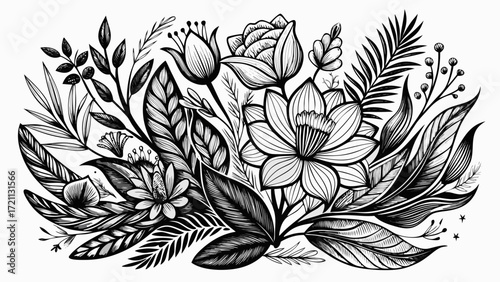 Hand drawn black and white botanical elements for decorative designs, organic flowing lines, stylish minimalist details, ideal for stationery, packaging, branding, or art prints celebrating timeless 