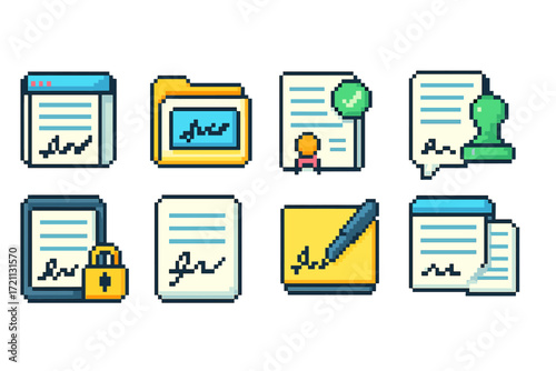 Document, signature pixel icon set. digital, file management in retro 8-bit style