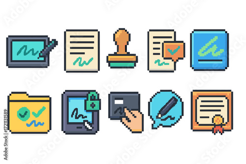 Electronic signature pixel icon set. digital, approval symbols in pixelated style.