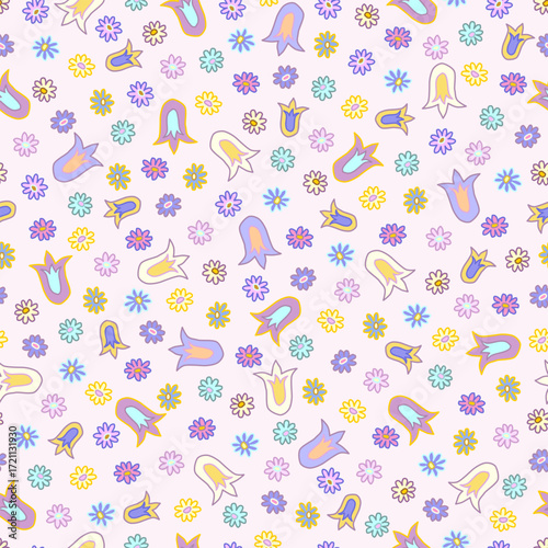 Floral seamless pattern with blue wild flowers on pink background