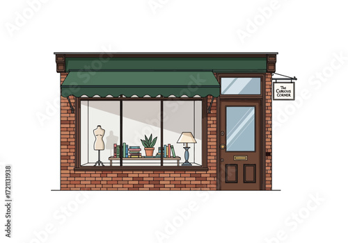Charming local boutique storefront with a brick facade and display window. Vector illustration of a small business shop isolated on a white background