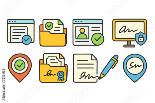 Document management, security outline icon set. file, digital signature icons collection
