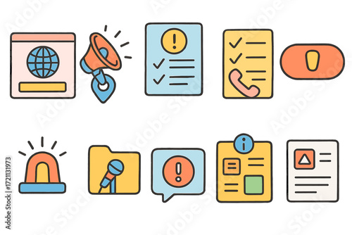 Communication and alert flat icon set. messaging, notification, reminder icons pack