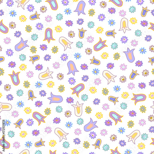 Floral seamless pattern with blue wild flowers on white background
