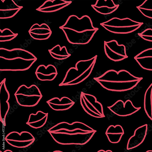 Vector seamless pattern with pink freehand drawn cartoon lips on black background