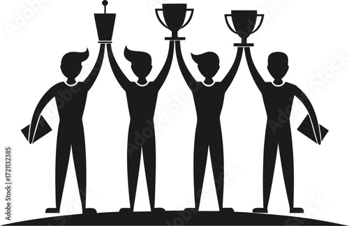 Team celebrating victory holding trophies and awards