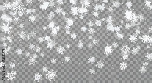 A realistic falling snow effect with various sizes of snowflakes and bokeh on a transparent checkerboard background for easy overlay.