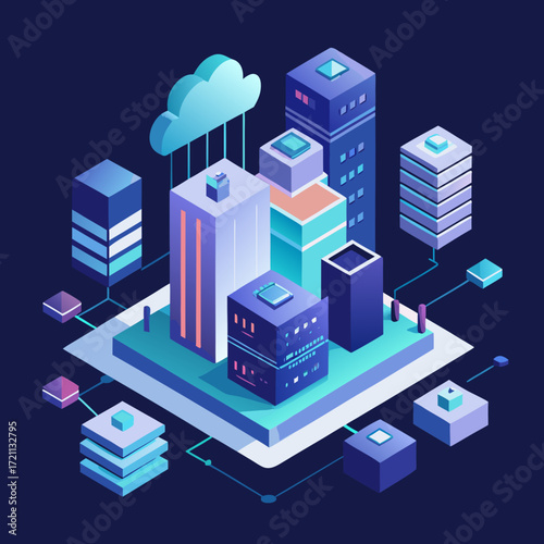 Isometric digital city with cloud computing and data network connections