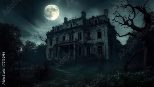 A large, abandoned mansion at night under a full moon
