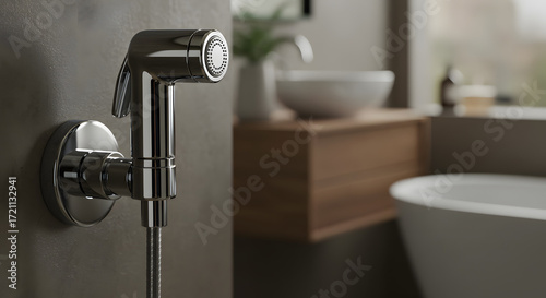 chrome bidet sprayer attached to wall in modern bathroom
