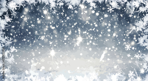 A magical winter background with a dense flurry of falling snow and bright, sparkling lights or stars on a dark blue backdrop.