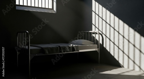 Solitary Confinement: A stark depiction of isolation and shadows in a prison cell interior