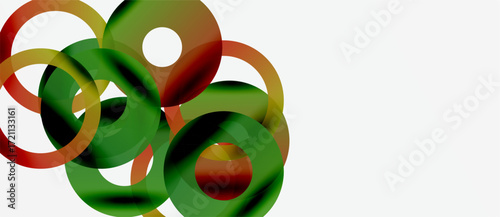 Abstract design features overlapping circles. Green, red, orange hues create dynamic composition. Minimalist style, clean background.