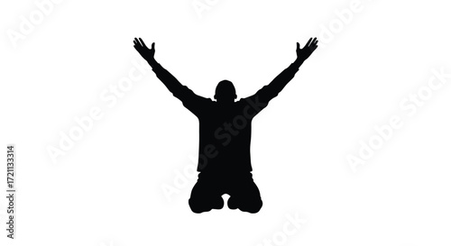 A black silhouette of a person standing with their arms raised in celebration, victory, or worship, symbolizing success and freedom.