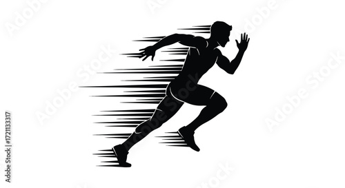 A dynamic black silhouette of a person running at high speed, with motion lines indicating rapid movement and energy.