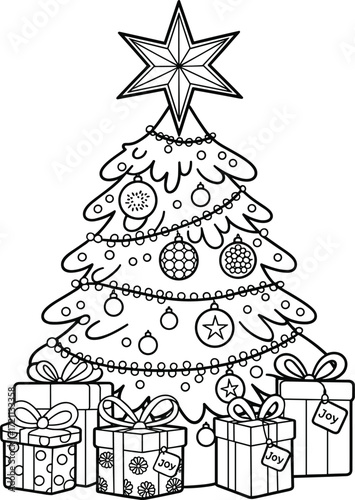 Christmas tree coloring page, holiday decorations, presents under tree, star topper, festive outline, black and white illustration