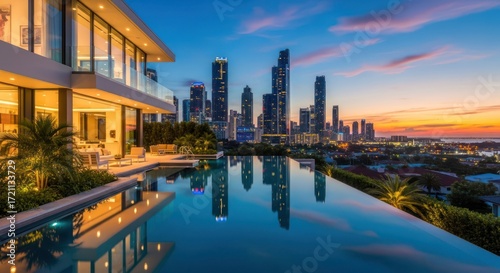 Luxurious waterfront villa with infinity pool overlooking a vibrant cityscape at dusk