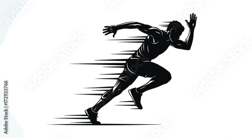 A dynamic black and white silhouette of a man running fast, with abstract speed lines indicating motion, energy, and athleticism.