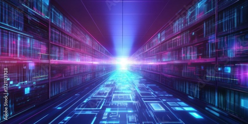 Creative abstract technology library background with digital bookshelves and data visualization elements for modern educational and business design concepts promoting knowledge and innovation.