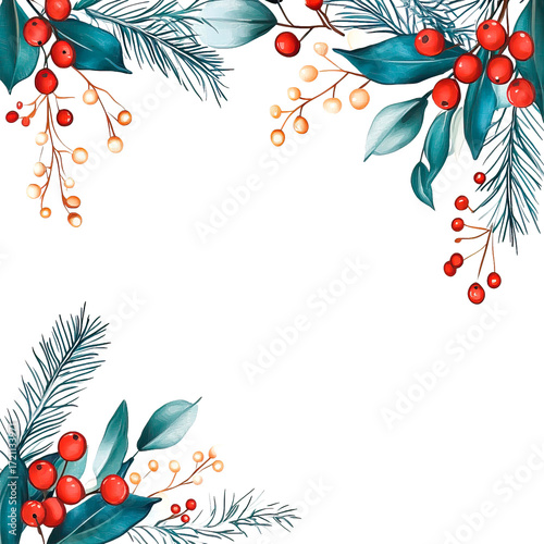 A New Year's watercolor Christmas frame with fir branches and berries on a transparent white background. Botanical illustration for the winter holiday. PNG