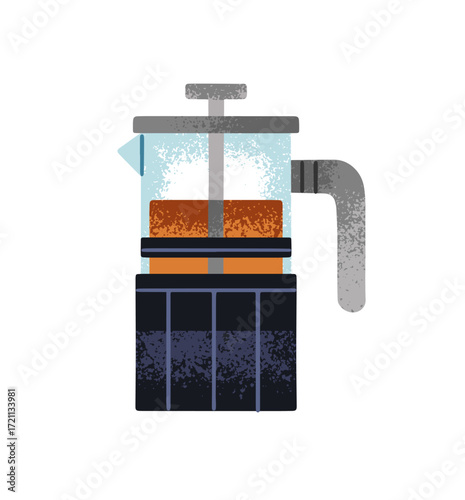 French press icon. Glass teapot for preparing herbal beverages. Tea pot for making coffee. Infuser for brewing hot drinks. Modern coffeepot. Flat isolated vector illustration on white background