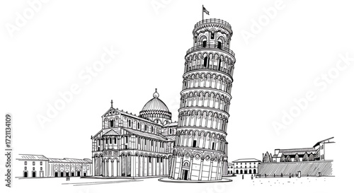 A black and white line art sketch of the famous Leaning Tower of Pisa and the adjacent cathedral in Pisa, Italy.