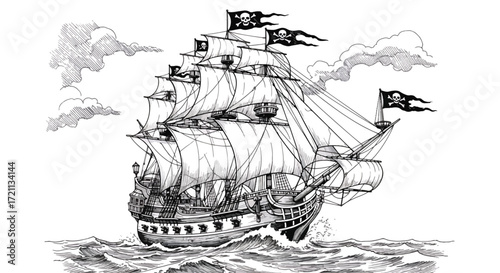 A detailed, hand-drawn vintage sketch of a large, historic sailing ship or galleon with full sails on the open sea.