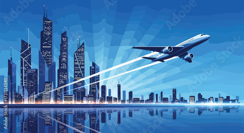 A panoramic vector illustration of a modern or futuristic city skyline with an airplane flying overhead, reflecting in the water below.