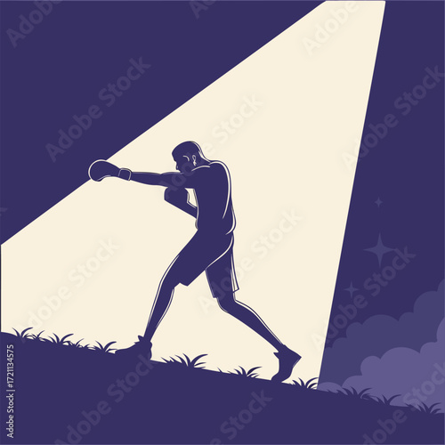 Silhouetted boxer in a dynamic pose illuminated by a strong spotlight