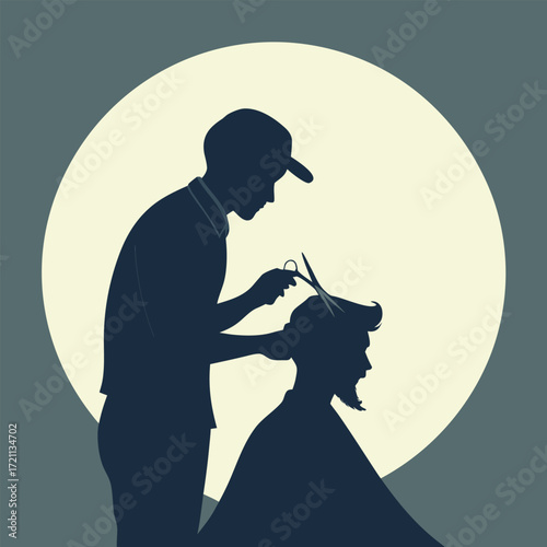 A silhouetted barber carefully cutting a client s hair against a moon