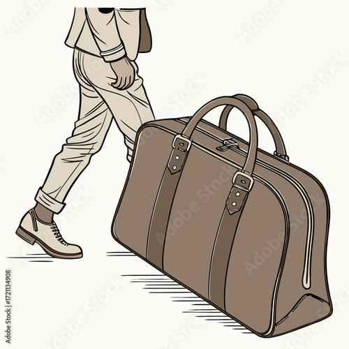 A man walking with a large brown leather travel duffel bag