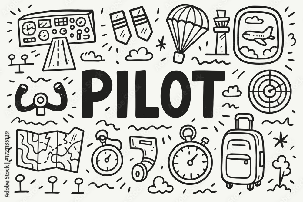 Fototapeta premium Aviation, pilot doodle icon set. air travel, flight elements outline collection