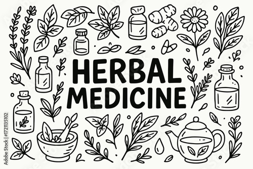 Herbal medicine line icon set. natural remedies, plants, and healing illustration