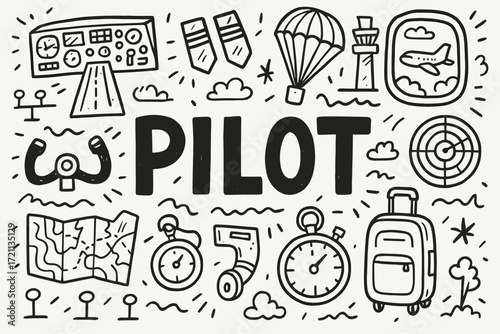 Aviation, pilot doodle icon set. air travel, flight elements outline collection