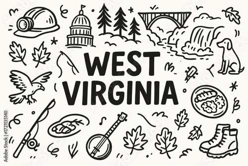 West virginia icon set. nature, culture, and landmarks outline design elements.